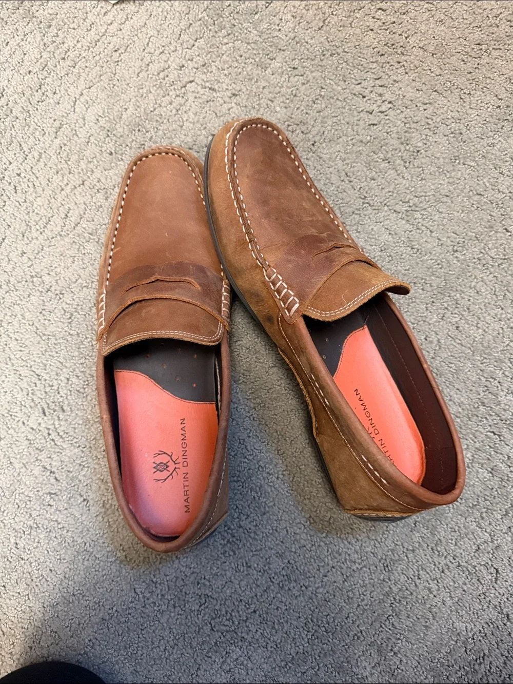 Martin Dingman Brown Suede Penny Loafers with Orange Insoles